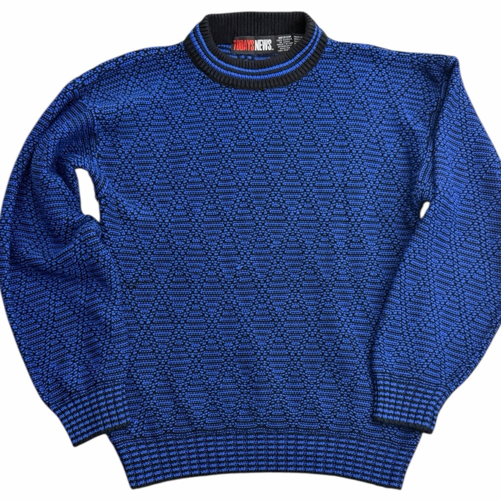Todays News Textured Knit Sweater Blue Black Crewneck Vintage Style Medium